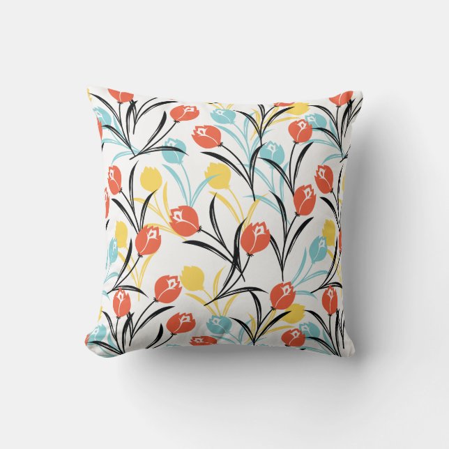 Vibrant Tulip Pattern Floral Design on White Cushion (Front)