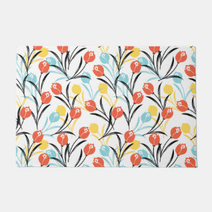 Vibrant Tulip Pattern Floral Design on White Doormat