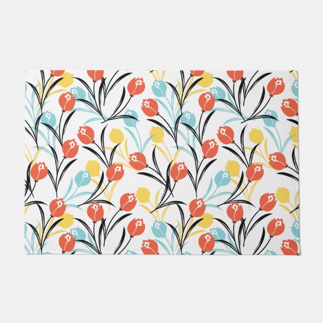 Vibrant Tulip Pattern Floral Design on White Doormat (Front)