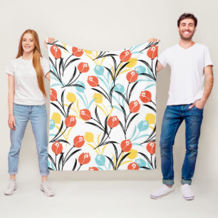 Vibrant Tulip Pattern Floral Design on White Fleece Blanket