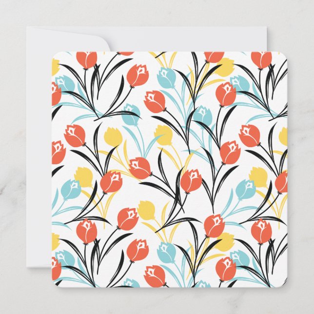 Vibrant Tulip Pattern Floral Design on White Invitation (Front)