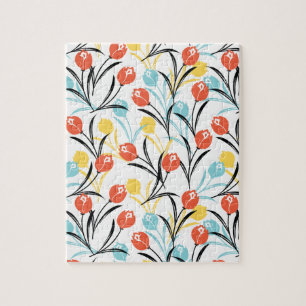 Vibrant Tulip Pattern Floral Design on White Jigsaw Puzzle