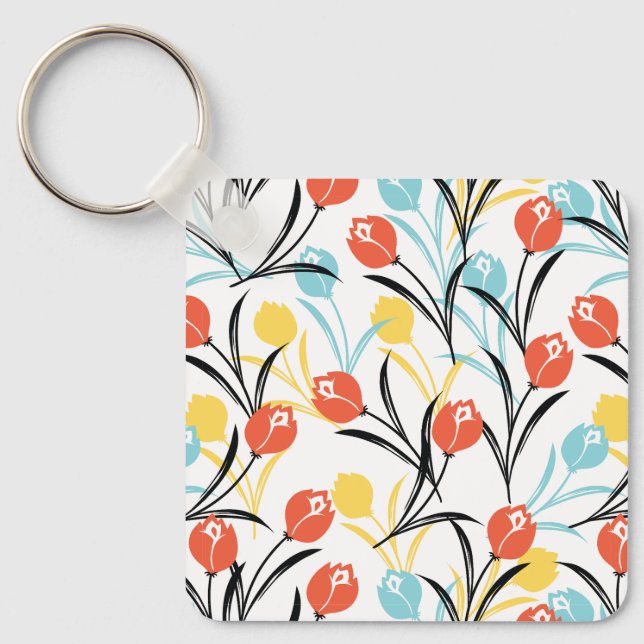 Vibrant Tulip Pattern Floral Design on White Key Ring (Front)