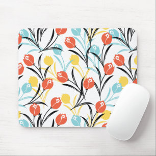 Vibrant Tulip Pattern Floral Design on White Mouse Mat