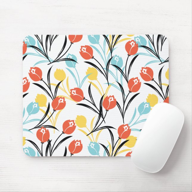 Vibrant Tulip Pattern Floral Design on White Mouse Mat (With Mouse)
