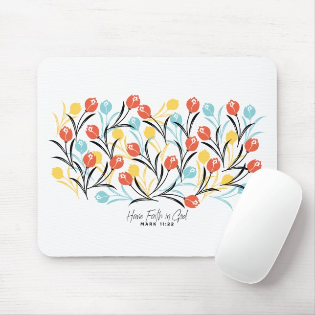 Vibrant Tulip Pattern Floral Design on White Mouse Mat (With Mouse)