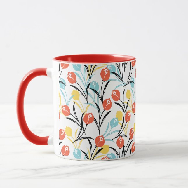 Vibrant Tulip Pattern Floral Design on White Mug (Left)