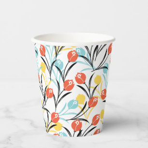 Vibrant Tulip Pattern Floral Design on White Paper Cups