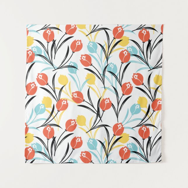 Vibrant Tulip Pattern Floral Design on White Tapestry (Front)