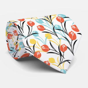 Vibrant Tulip Pattern Floral Design on White Tie