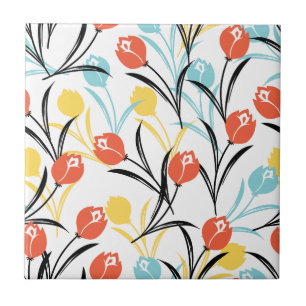 Vibrant Tulip Pattern Floral Design on White Tile