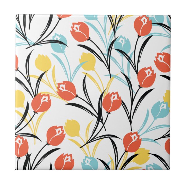 Vibrant Tulip Pattern Floral Design on White Tile (Front)