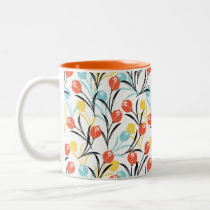 Vibrant Tulip Pattern Floral Design on White Two-Tone Coffee Mug