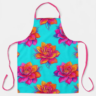 Vibrant Turquoise and Neon Pink Floral Apron