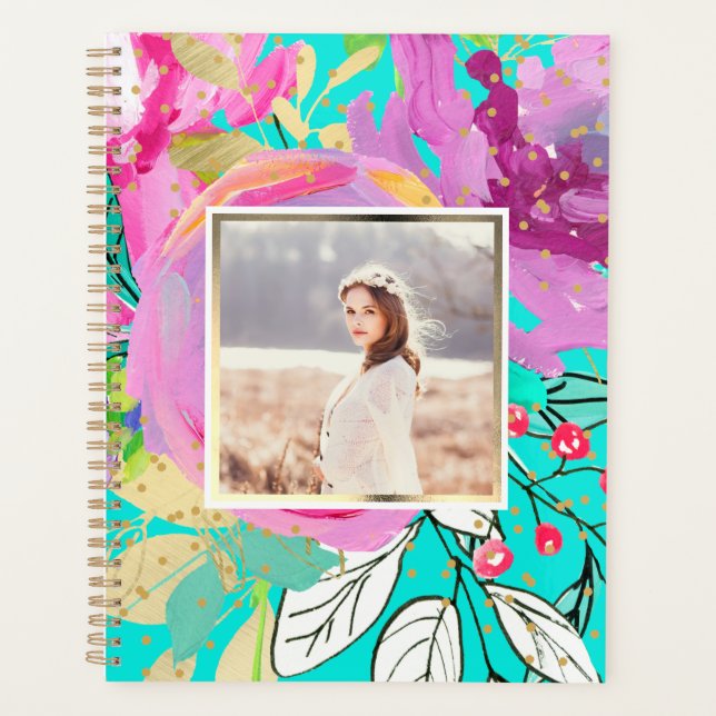 Vibrant Turquoise and Purple Floral with Photo Planner (Front)