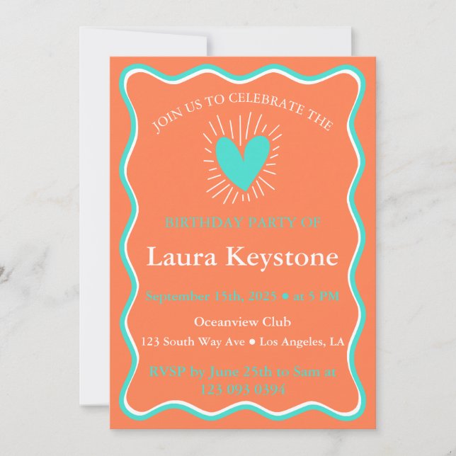 Vibrant Turquoise, Coral & White Retro Wavy Invitation (Front)