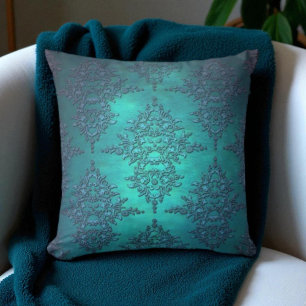 Vibrant Turquoise Damask Pattern Cushion