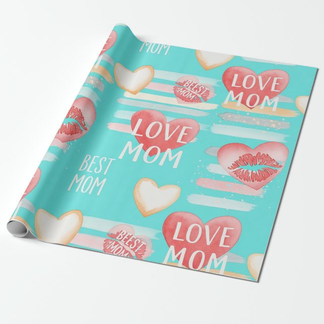 Vibrant Turquoise MOM Appreciation Pop Pattern Wrapping Paper (Unrolled)