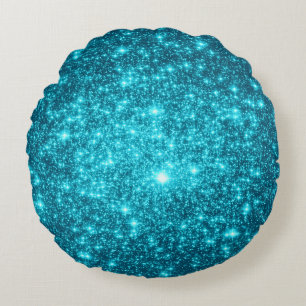 Vibrant Turquoise Sparkle Stars Round Pillow