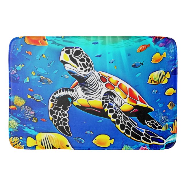 Vibrant Turtle Reef Life Bath Mat (Front)