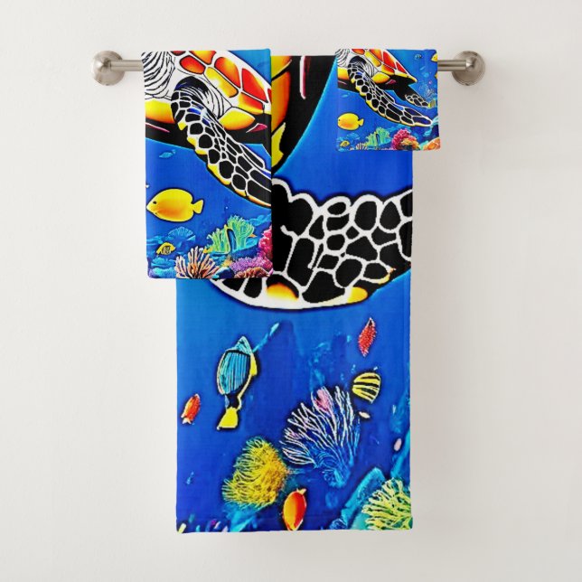 Vibrant Turtle Reef Life Bath Towel Set (Insitu)
