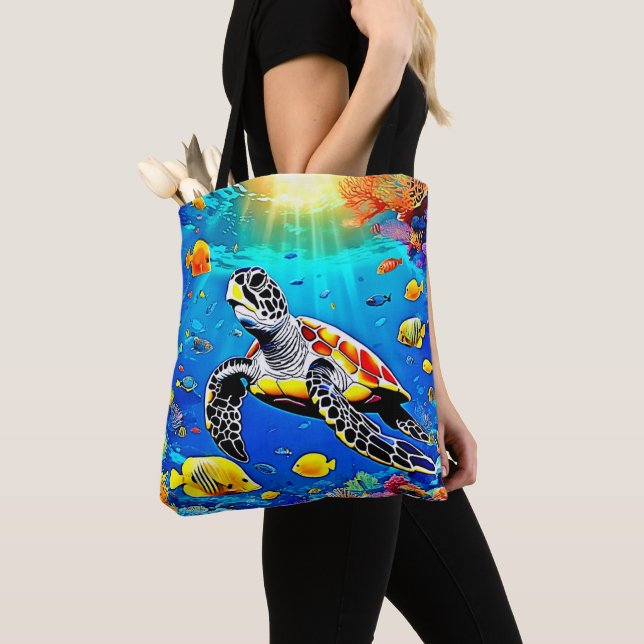 Vibrant Turtle Reef Life Tote Bag (Close Up)