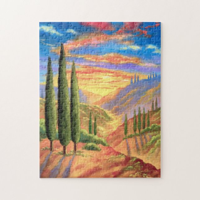 Vibrant Tuscany Landscape Sunset Orange Green Jigsaw Puzzle (Vertical)