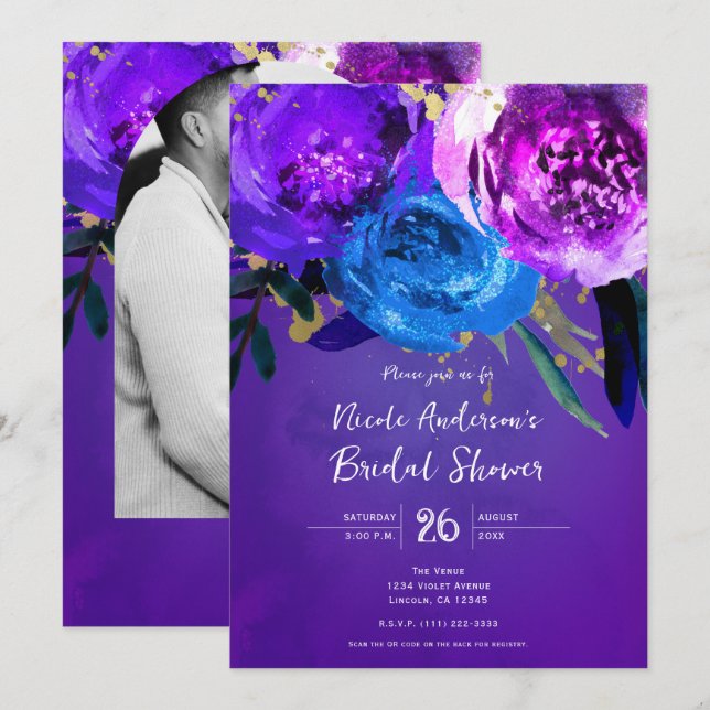 Vibrant Ultra Violet Purple Floral Fantasy Bridal Invitation (Front/Back)