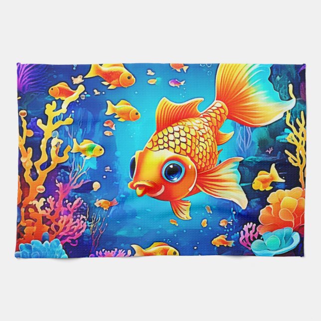 Vibrant Underwater Fish World Design Tea Towel (Horizontal)