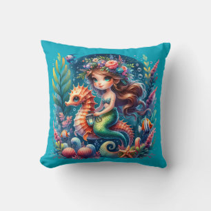 “Vibrant Underwater Mermaid Riding Seahorse" Cushion