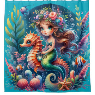 “Vibrant Underwater Mermaid Riding Seahorse" Shower Curtain