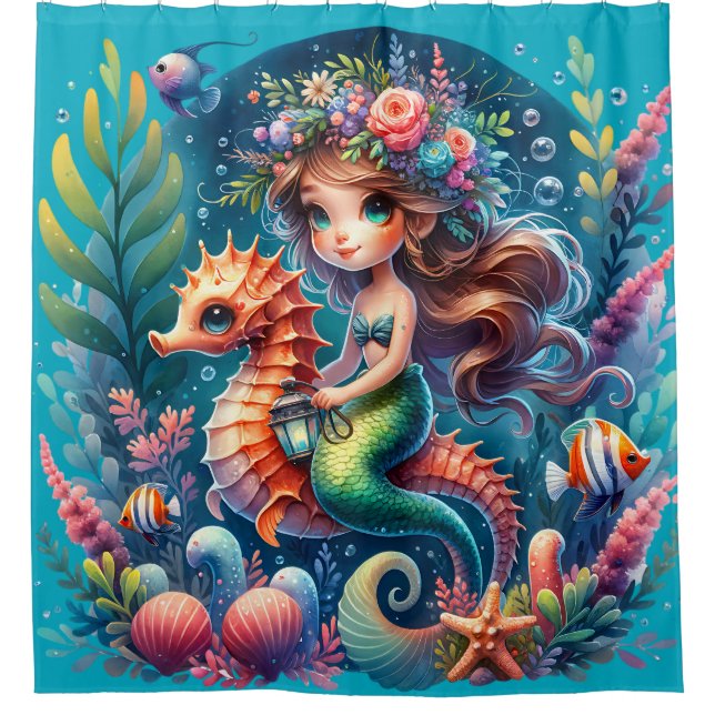 “Vibrant Underwater Mermaid Riding Seahorse" Shower Curtain (Front)