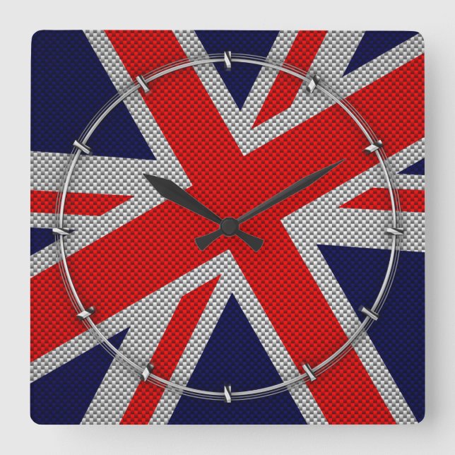 Vibrant Union Jack on Carbon Fibre Style Print Square Wall Clock (Front)