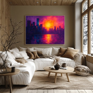 Vibrant Urban Sunset Fauvist Canvas – Cityscape Poster