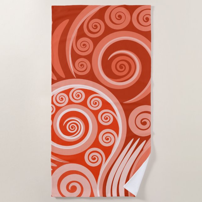Vibrant Vermillion Red Swirls Beach Towel (Front)