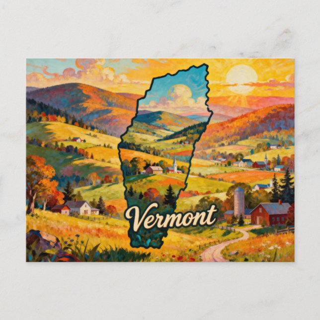 Vibrant Vermont Conceptual Map Art Painting Postcard (Front)