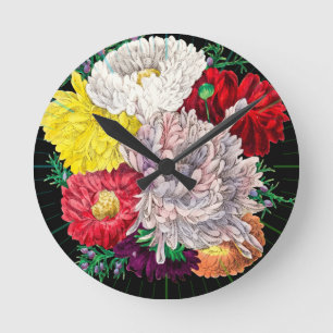 Vibrant Vintage Botanical Wildflower Bouquet Round Clock