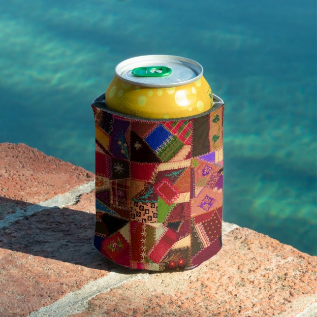 Vibrant Vintage Crazy Quilt Can Cooler (In Situ Pool)