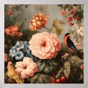 Vibrant Vintage Floral and Bird Scene Poster