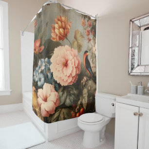 Vibrant Vintage Floral and Bird Scene Shower Curtain