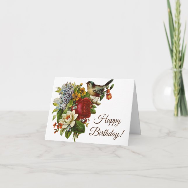 Vibrant Vintage Flowers and Bird Happy Birthday  Card (Front)
