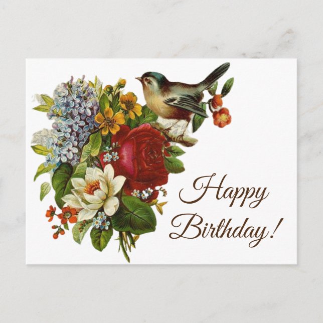 Vibrant Vintage Flowers and Bird Happy Birthday Postcard (Front)
