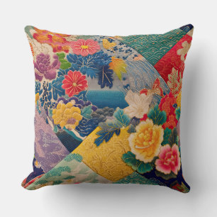 Vibrant Vintage Japanese Kimono Floral Cushion