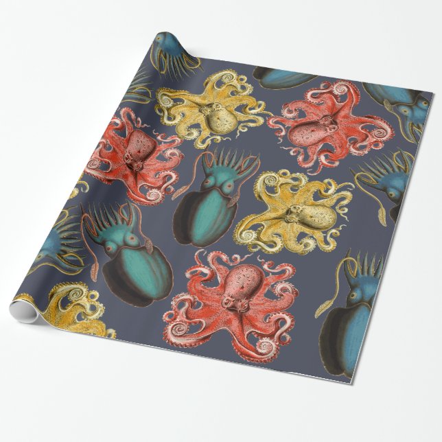 Vibrant Vintage Sea Creatures Octopus Squid Wrapping Paper (Unrolled)
