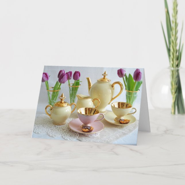 Vibrant Vintage Tea/Coffee Tulips Greetings Card (Front)