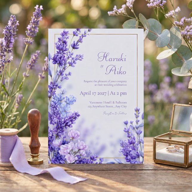 Vibrant Violet Botanical Lavender Gold Frame Invitation (Creator Uploaded)