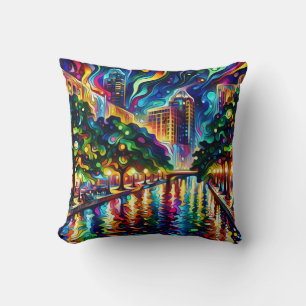 Vibrant Visions: Psychedelic San Antonio Riverwalk Cushion