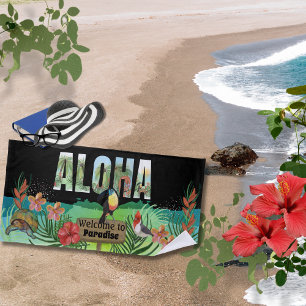 Vibrant Watercolor Aloha Tropical Paradise Beach Towel