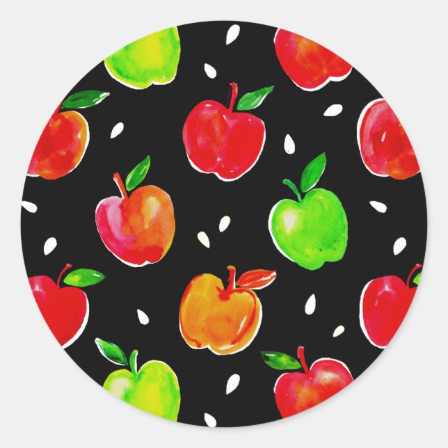 Vibrant Watercolor Apples Pattern Classic Round Sticker (Front)