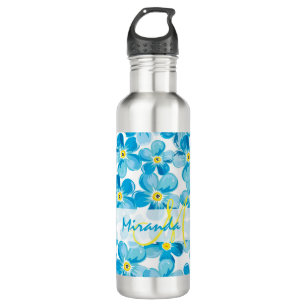 Vibrant watercolor blue forget me not flowers name 710 ml water bottle